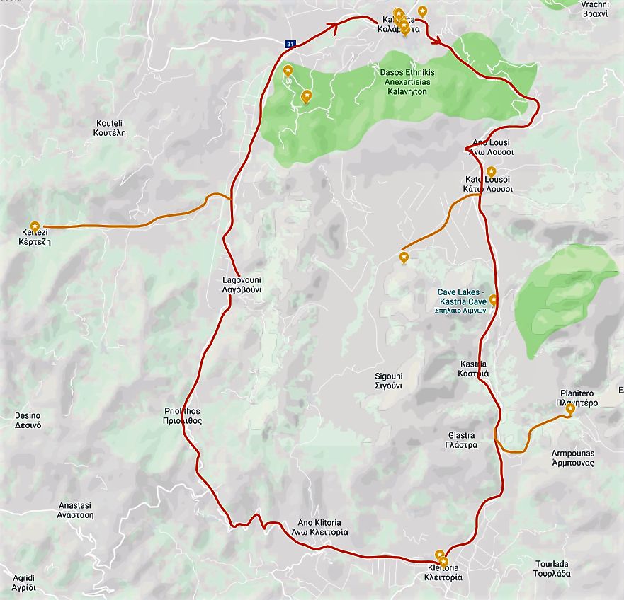 The 2nd day itinerary. Red line shows the main track.  Orange lines show the three detours.