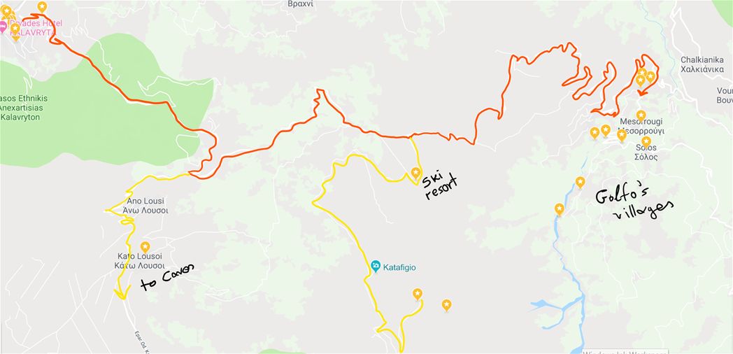 From Kalavryta to Golfo's villages (red line).  The yellow line shows the detour to the ski resort and the observatory.