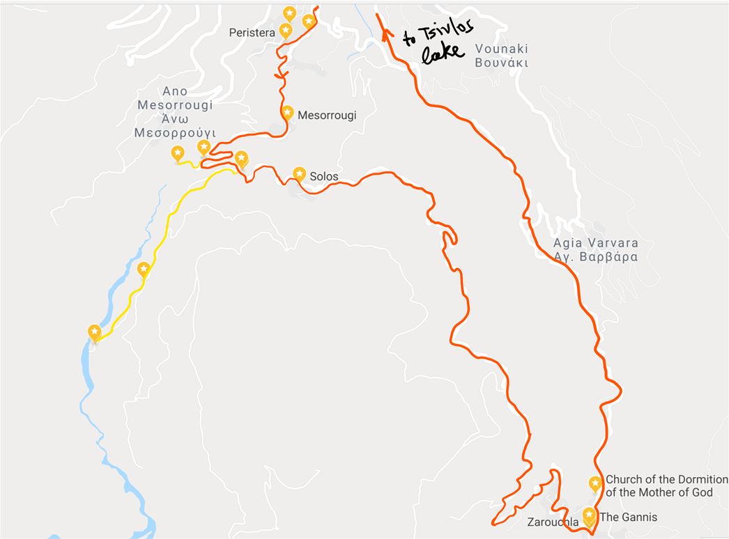 The route through Golfo's villages (red line).  Yellow lines show the detours.