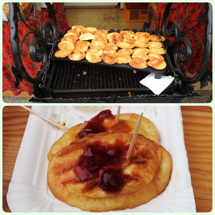 Street vendor serving oscypek topped with cranberry preserve.