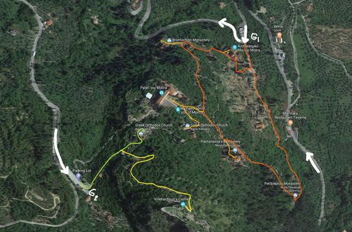 The fortified town of Mystras.  There are two gates: G1 (main gate) and G2.  Red circular line shows the walking tour of the middle city and its detours (orange lines).  Green and yellow lines show the walking paths to the upper city.