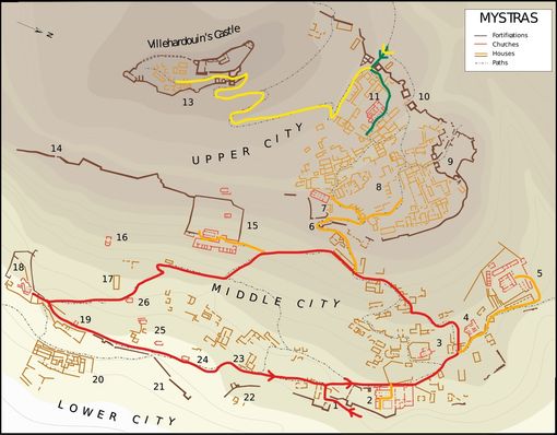 Plan of Mystras after works by G. Millet (1910) and M. Chatzidakis (1981). The recommended walking tours were added. Red circular line shows the walking tour of the middle city and its detours (orange lines). Green and yellow lines show the walking paths at the upper city.