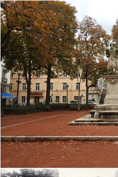 The statue of Jean Pierre Hippolyte Blandan in the middle of Place Sathonay, (now and then).