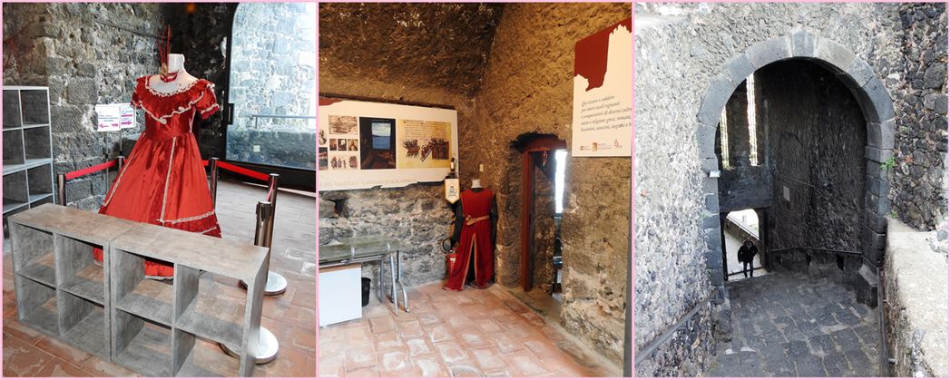Inside the castle musem. The entrance of the castle at the top of the stone stairway (right).