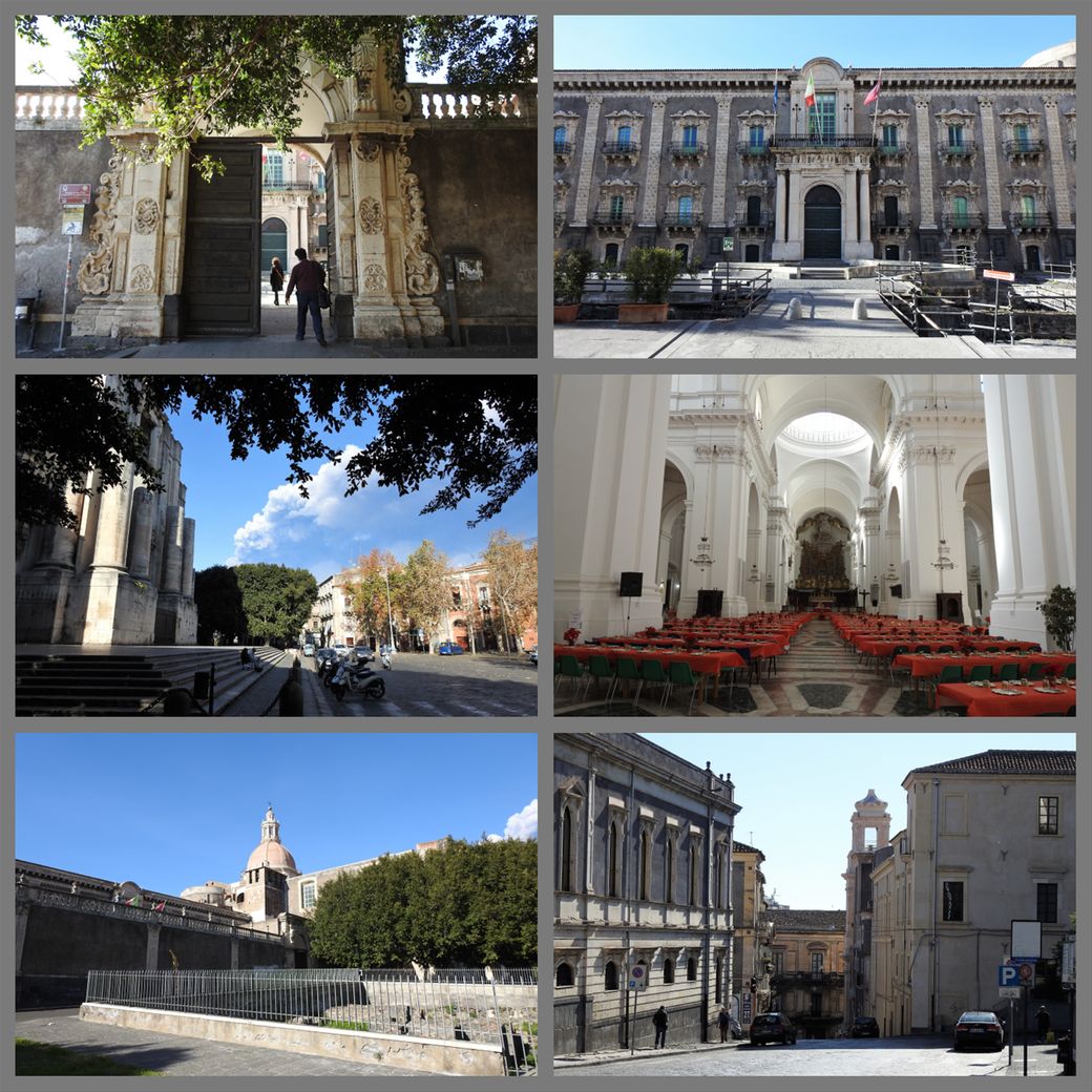 Monastero di San Nicolò l'Arena. The entrance (top left).  Inside the courtyard (top right). The church on Piazza Dante and Etna smoking at the background (middle left). The interior of the church (middle right).  The Balneum Romano excavations with the monastery at the background (bottom left). Looking down Via Quartarone towards Chiesa SS. Trinità (bottom right).