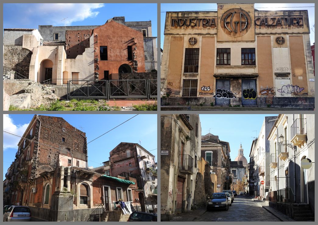Terme della Rotonda (top left). An industrial building opposite the Virgin Mary church (top right). Houses in Via Gesuiti (bottom left), which leads to the Monastero di San Nicolò l'Arena (bottom right).