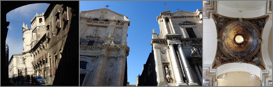 Chiesa di San Giuliano (left). Via San Benedetto separates the two churches of San Francesco Borgia and San Benedetto (middle). The painted dome of San Francesco Borgia (right).