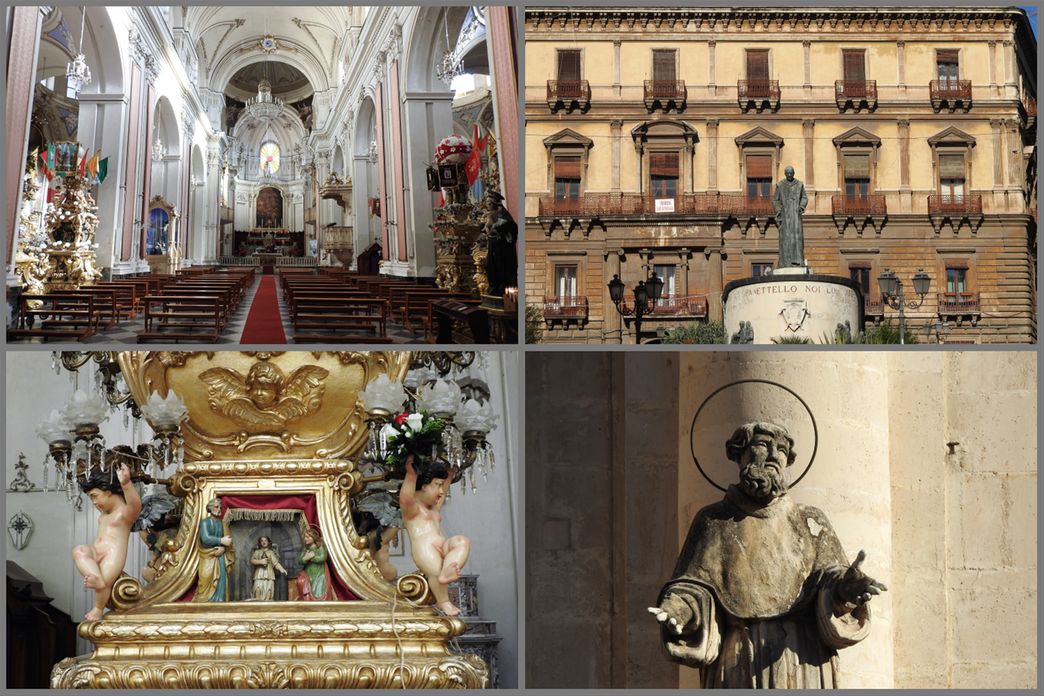 Inside the church of St. Francis of Assisi to the Immaculate (left). Palazzo Platania (top right). Detail of the exterior of the church (bottom right).