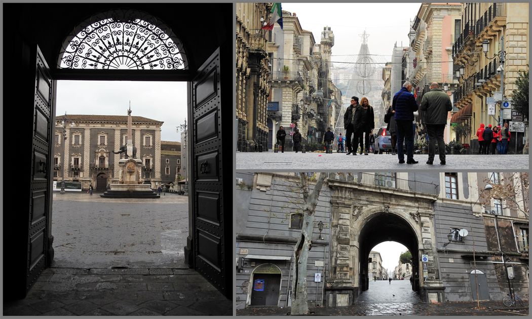 Palazzo dei Chierici seen from inside the Palazzo degli Elefanti (left). Via Etnea seen from Porta Uzeda (top right) and Porta Uzeda from outside the walls (bottom right).