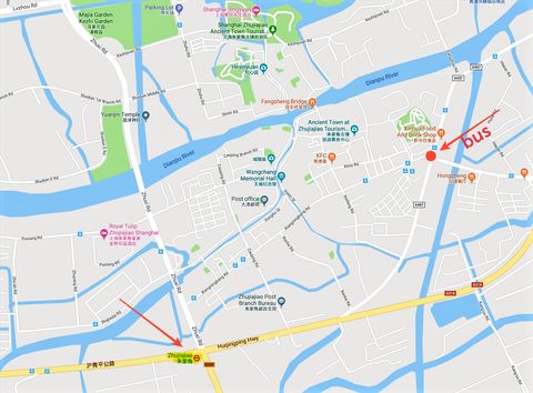 Mao of greater Zhujiajiao. Bus terminal and metro station (in red) to get off traveling from Shanghai.