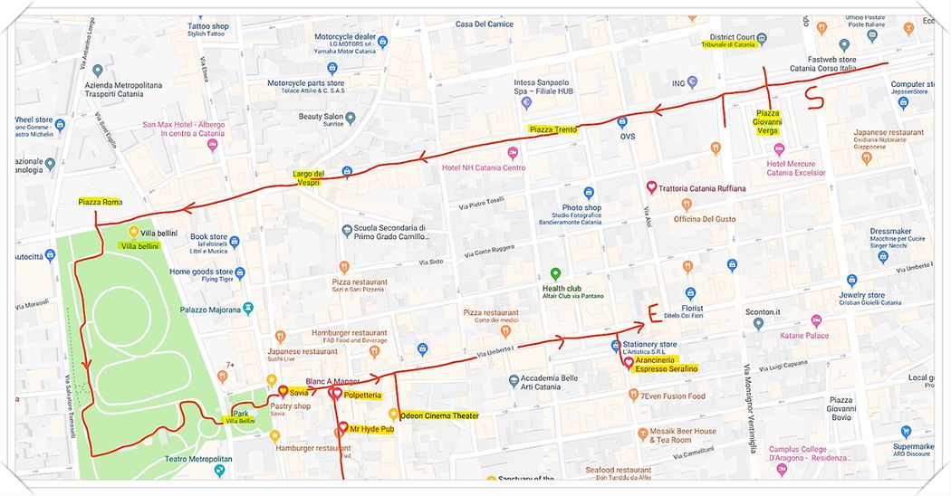 The walk North of the Center (S=start, E=end).