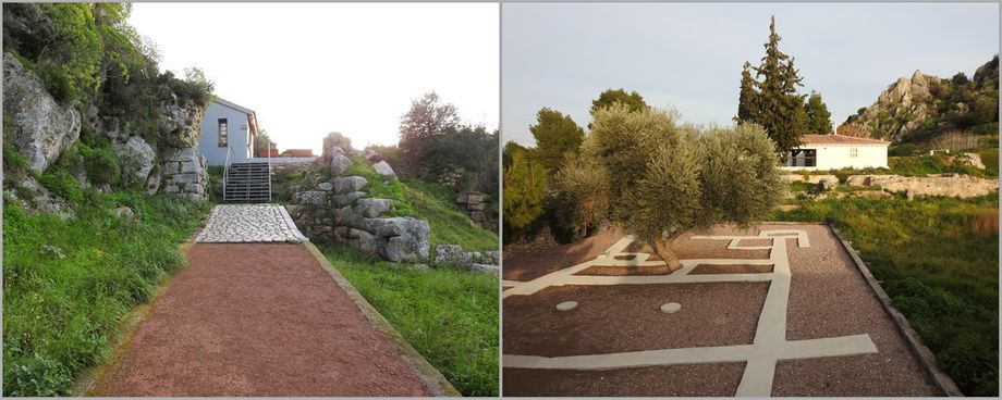The reconstructed eastern ancient gate is today the entrance to the site (left).  The footprint of 