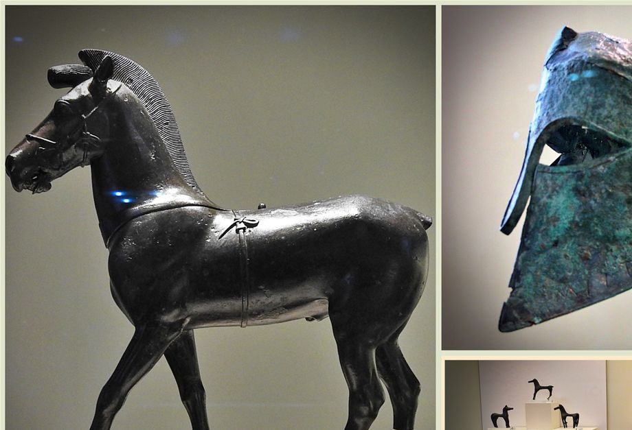 Bronze collection. (left): Bronze horse statuette; the posture indicates that it is ready to start walking -about 470 BC. (right): The Helmet of General Miltiadis, bearing the inscription 
