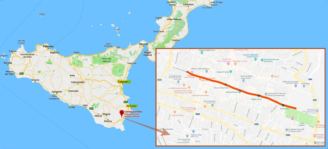 Noto on the map and Corso Vittorio Emanuele (highlighted in red), the main street of the old city.