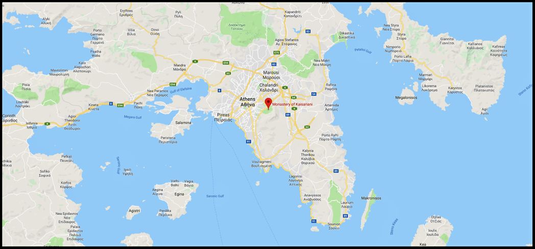 The monastery location (east of Athens) on the map.