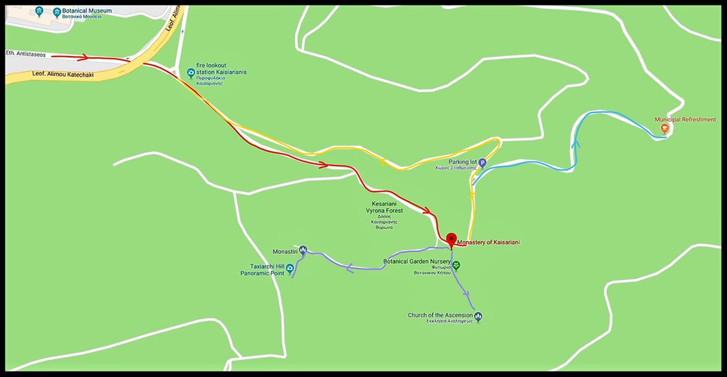 The Monastery is built in a pine forest. The red line shows the road (one way road) to the monastery, while the yelow line the road from the monastery (one way).  The purple line shows the foot paths to Taxiarchon Hill (west) and to the ruins of the Church of the Ascension (south).  The light blue line shows the road to the cafe..
