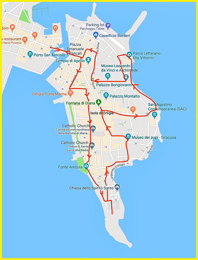 My walk around Ortygia (red line).
