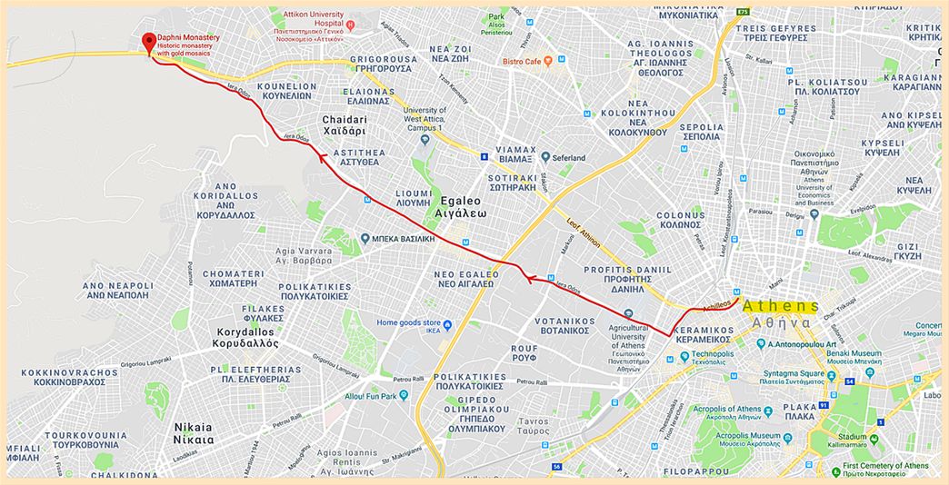 From central Athens (Omonia square) to Dafni Monastery.