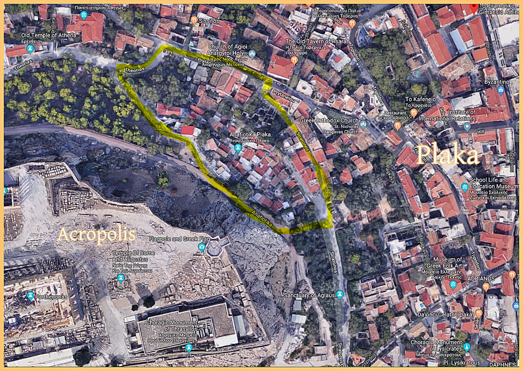 Anafiotika on the map (yellow limits).