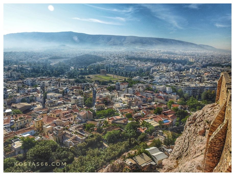 View towards Mount Hymettos (east of the Acropolis).  Can be seen, among others, the Temple of Olympian Zeus and the Panathenaic Stadium behind it.