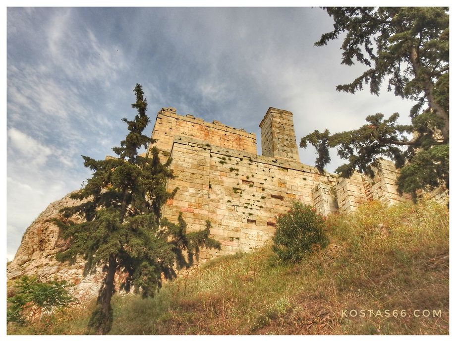 The pedestal of Agrippas seen from the northwest part of the walk around the north slope of the Acropolis.