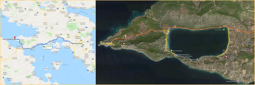 The distance from Athens to Heraion is about 100km. The map on the right shows how to approach the lake and the archaeological site (red track), as well as some detours (yellow tracks), around Vouliagmeni lake.