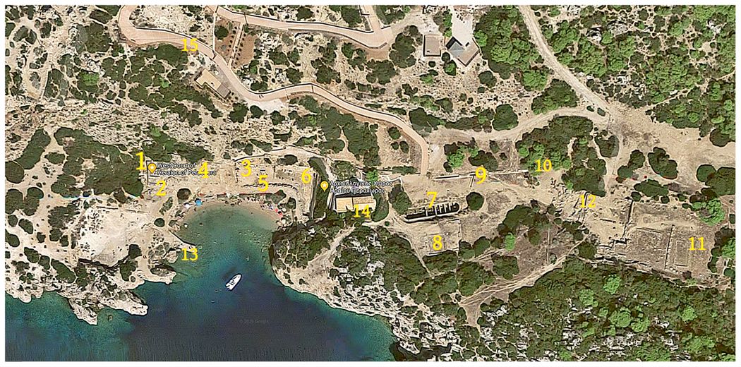 Map of the archaeological site: 1. West court 2. Roman house 3. Apsidal structure 4. Temple of Hera Akraia 5. Altar 6. L-shaped stoa 7. Apsidal cistern 8. Dining rooms 9. Water channels 10. Sacred pool 11. Temple of Hera Limanaia 12. Walls 13. Modern jetty 14. Modern chapel 15. Modern footpath