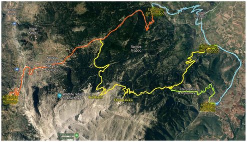 Red line: Arachova-Agoriani road. Blue line: Agoriani-Polydrosos-Amfikleia road. Green line: Amfikleia-Fterolakka road. Yellow line: Polydrosos-Fterolakka-Kellaria-Agoriani road.