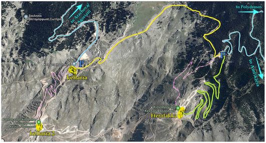 Purple lines: on foot roads only. Yellow line: Kellaria-Fterolakka road. Green line: from car park to Fterolakka road (with caution due to the state of the road).