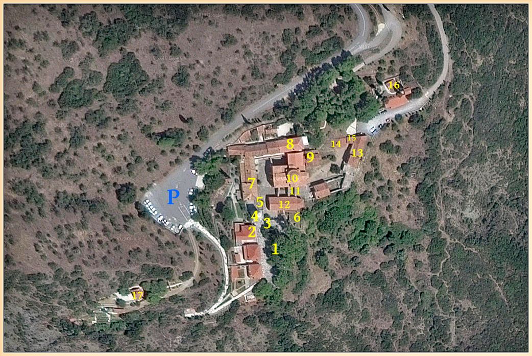 The monastery and its buildings. P=car park; 1=courtyard outside the walls; 2=café & shop; 3=South (main) entrance; 4=clock tower; 5=fountain; 6=oil press court; 7=west cells wing; 8=north cells wing and history museum; 9= Church of Theotocos (Virgin Mary); 10=katholikon; 11=crypt; 12=refectory-museum; 13=vordonario-art gallery; 14= calefactory (fotanamma); 15=north gate; 16=cemetery chapel; and 17= Church of the Transfiguration.