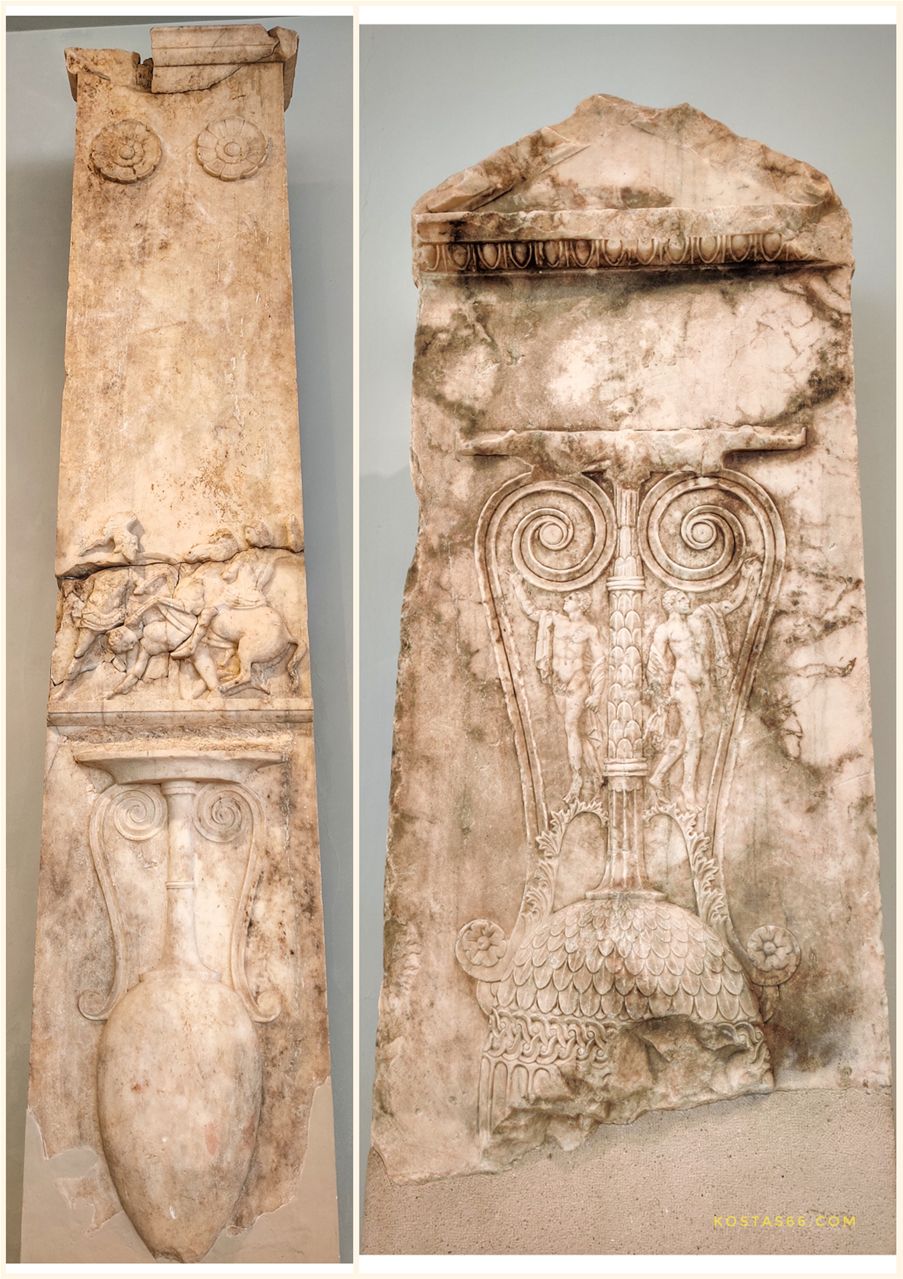 The grave stele of Panchares, son of Leochares; a unique stele in regard to both the size and the compostion; the dead man is shown as a hoplite confronting his opponent, a Macedonian horseman, probably in the battle of Chaironeia; the loutrophoros indicates that the man died unmarried; the stele was found at Kaminia, near Peiraios street (left).The top part of the grave stele of Aristoteles son of Aristomenes from the deme of Pergases in Attica; two young men dancing are depicted beneath the volutes of the loutrophoros; 330-320 BC (right).