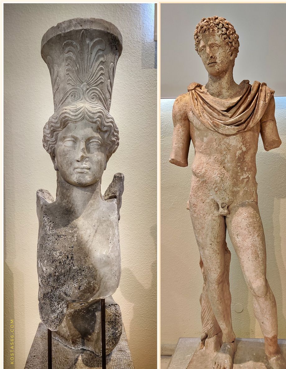The sphinx found with the sculptured plaques above as cargo of wrecked ship (left). Statue of a naked touth from Kephissia; copy of the original; mid-2nd c.AD (right).