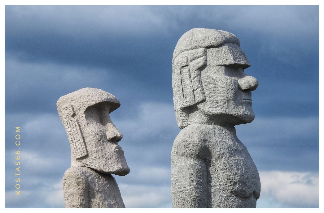 Two Moai heads at Makomanai Takino Cemetery.