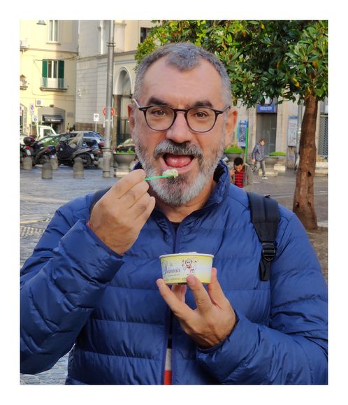 Enjoying pistachio gelato from  Gelateria della Scimmia in Piazza Carità.