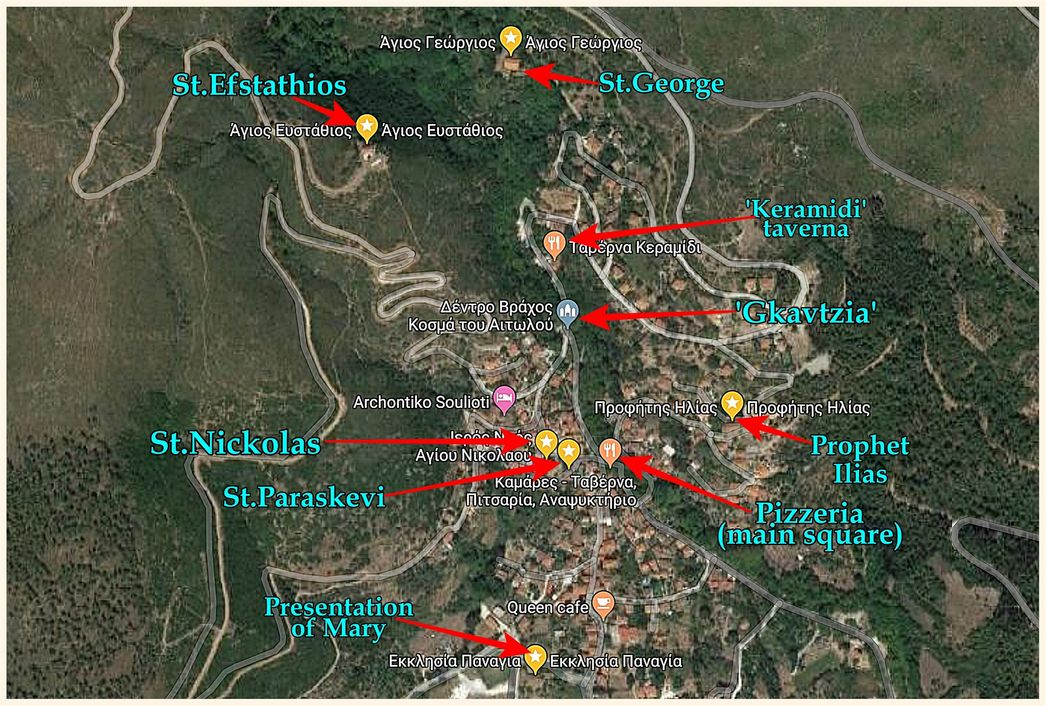 Map of the 6 Metaxochori churches.  The 