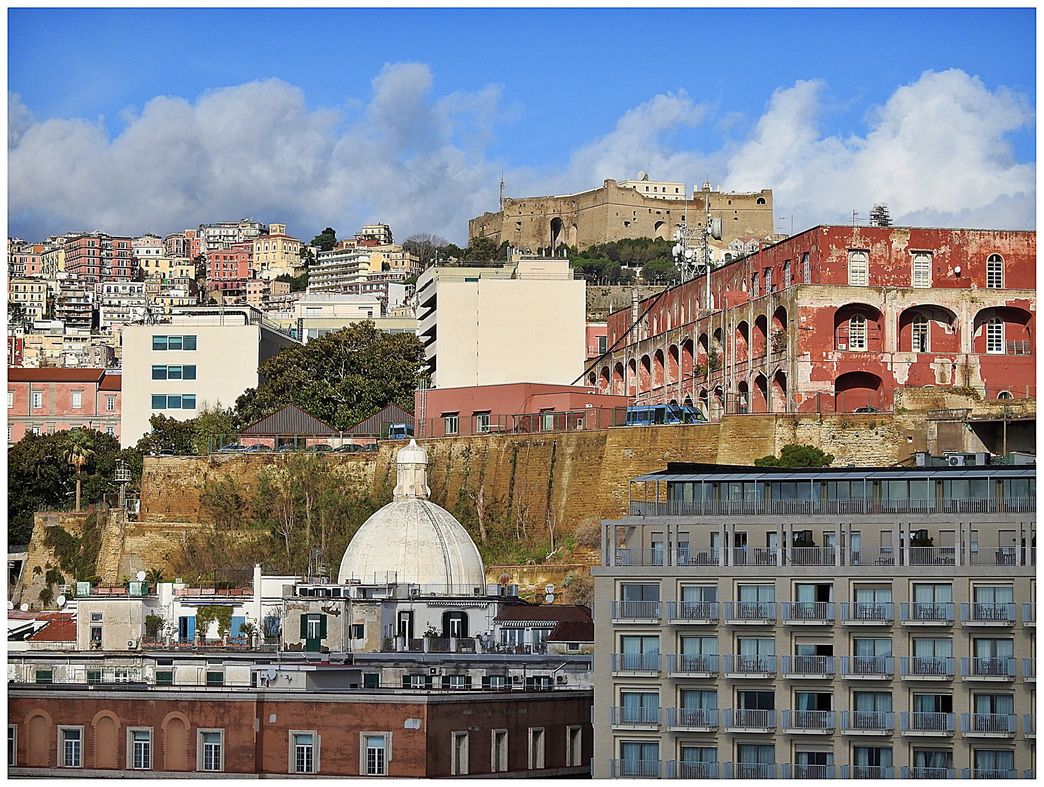 Castel dell' Ovo offers panoramic views.  Here towards Pizzofalcone hill and Vomero at the background.