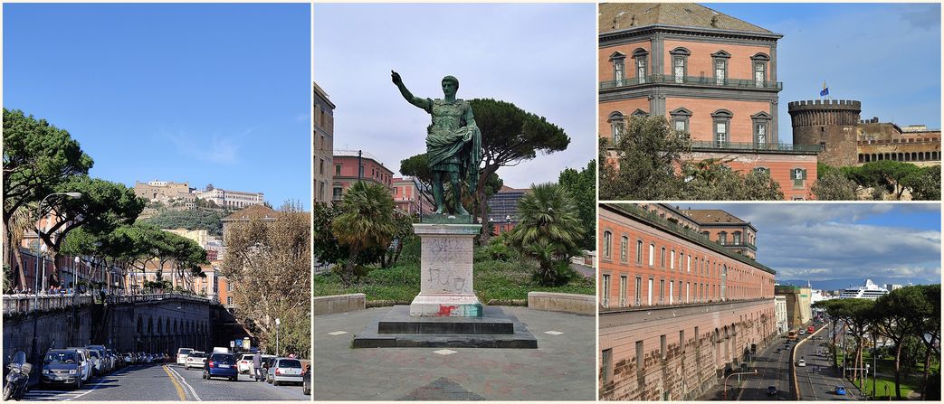 Cesario Console park above the road (left). Statua di Augusto(middle). The Palazzo Reale and Castel Nuovo (top right) and Palazzo Reale and Molosiglio Gardens (bottom right).