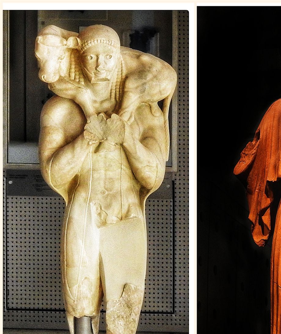 (Left) Moschophoros, commonly known as The Calf Bearer. It was excavated in fragments in the Perserschutt in the Acropolis of Athens in 1864. The statue, dated c. 560 BC and estimated to have originally measured 1.65 meters in height. (Right) Clay goddess Nike, possibly decorative element from the roof of a building (acroterion) (1st-3rd c. AD).
