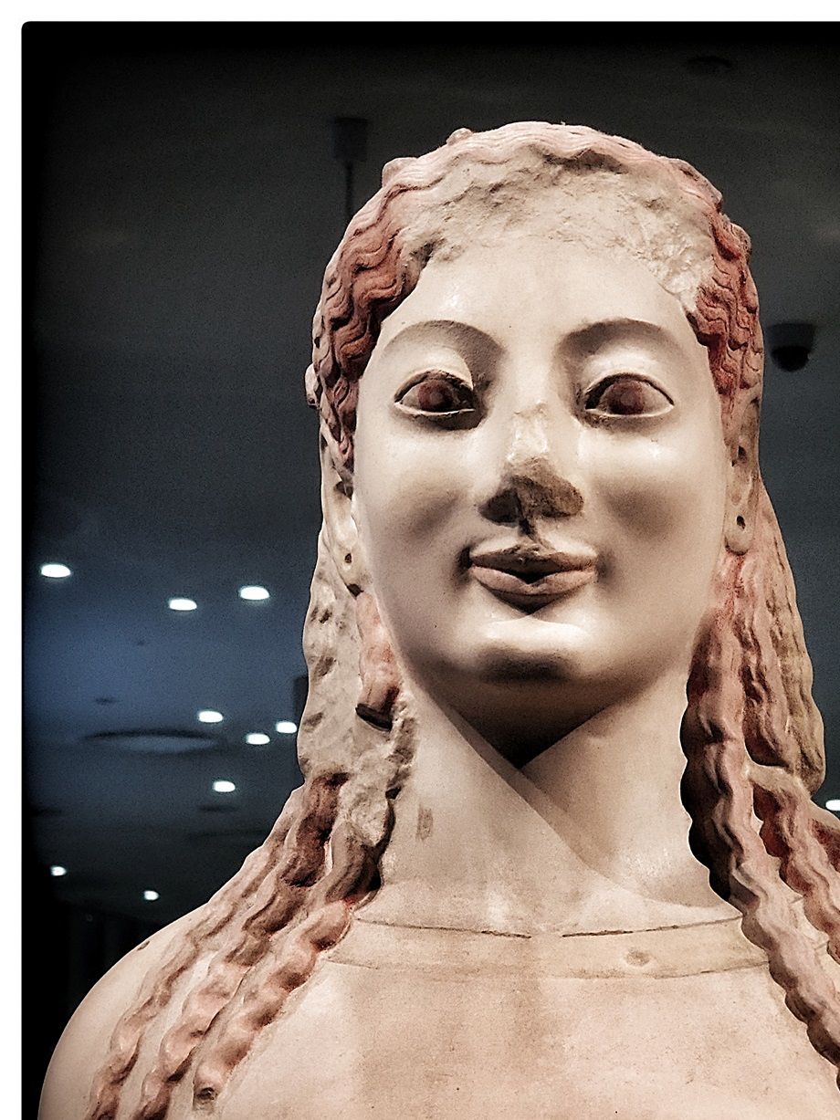 The Peplos Kore is a statue of a girl and one of the most well-known examples of Archaic Greek art. The 118 cm-high (46 in) high white marble statue was made around 530 BC and originally was colourfully painted.[1] The statue was found, in three pieces, in an 1886 excavation north-west of the Erechtheion on the Athenian Acropolis.