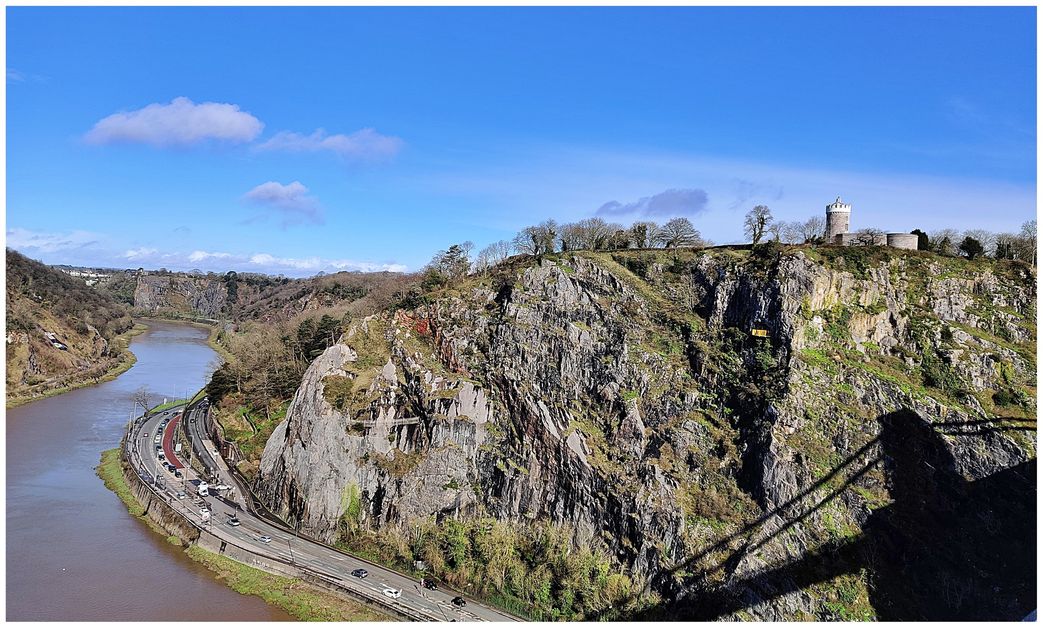 Avon Gorge and Clifton Observatory Hill. The yellow railings on St Vincent's Rocks (just under the observatory tower) is the Ghyston's Cave.