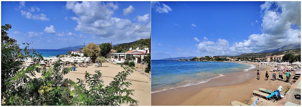 Kalogria Beach (left). Stoupa Beach (right).