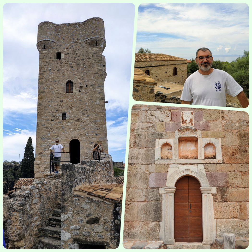 Mourtzinos Tower (left) and the entrance to the church of Agios Spyridon.