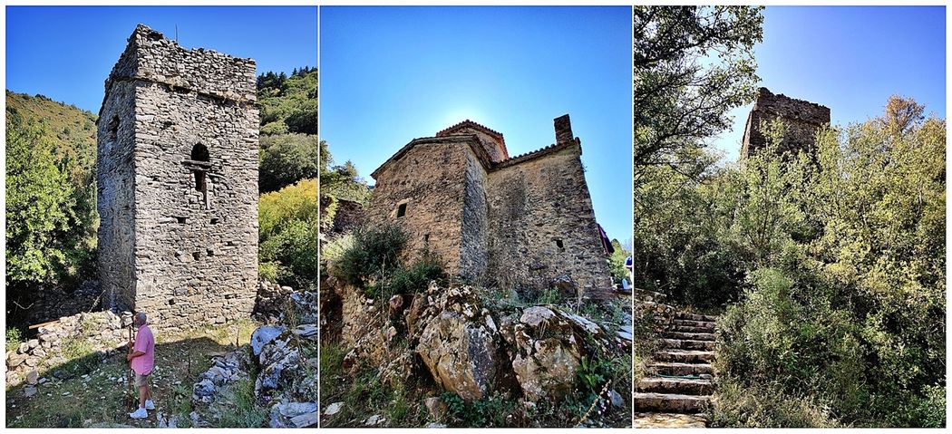 Τhe 'Monastery of Saint Samouel'. The defensive tower (left & right), the katholikon (middle) and the steps leading to the monastery (right).