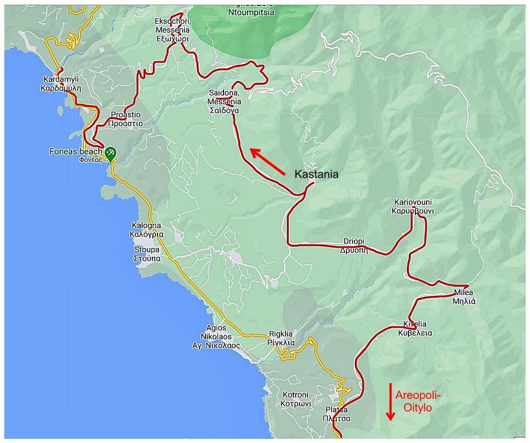 From Platsa to Kardamyli (red line) via Kastania.
