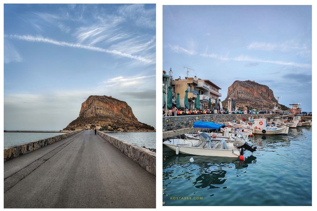 The couseway connecting Gefyra to Monemvasia island (left). The small harbor of Gefyra (right).