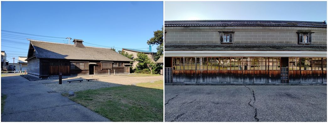 Old Fukuhara Gyoba buildings. The Omoya (left) and the stone building (right).