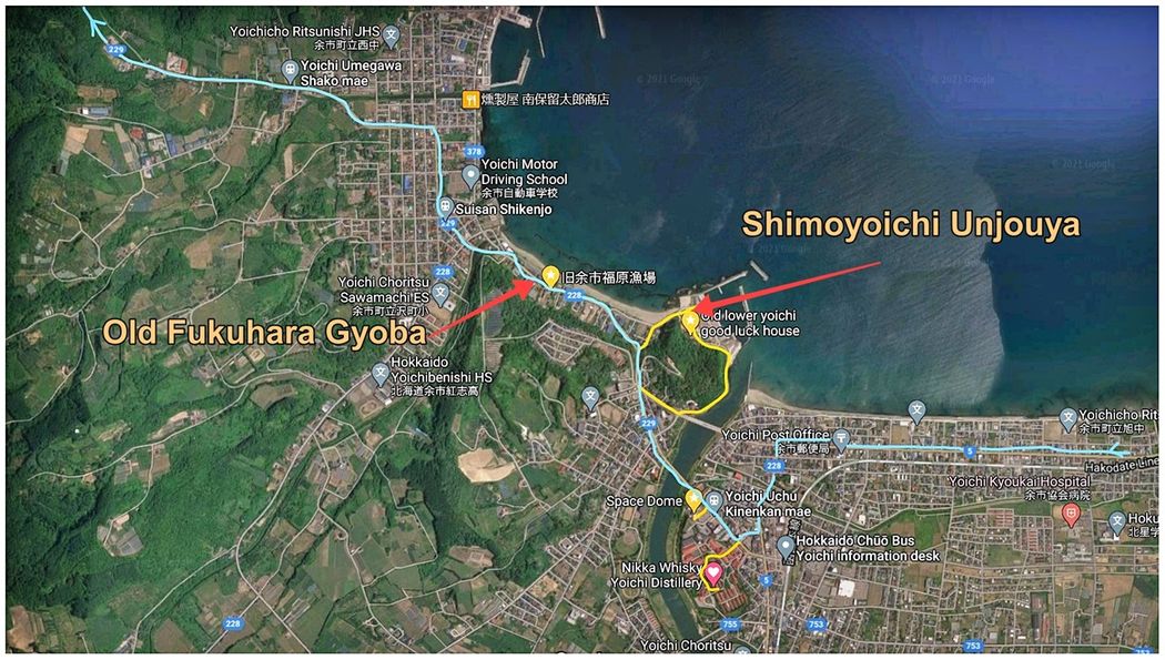Yoichi town. Route229 is marked with blue color.