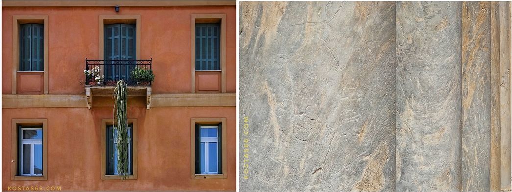 A house at the south perimeter of the archaelogical site (left) and details of the east colonnade (right).