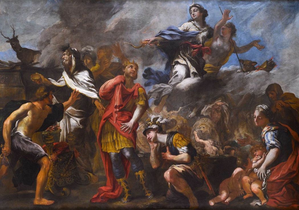 In this painting Giovanni Andrea Carlone captures in detail the point at which Agamemnon had intended to sacrifice his daughter Iphigenia to the goddess Artemis. The goddess obscures the scene with cloud and snatches her from the sacrificial altar leaving in her place a deer.
