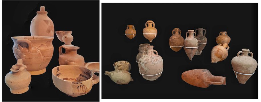 Ceramics found in and around the sanctuary (left). Trade and transport amphoras (right).